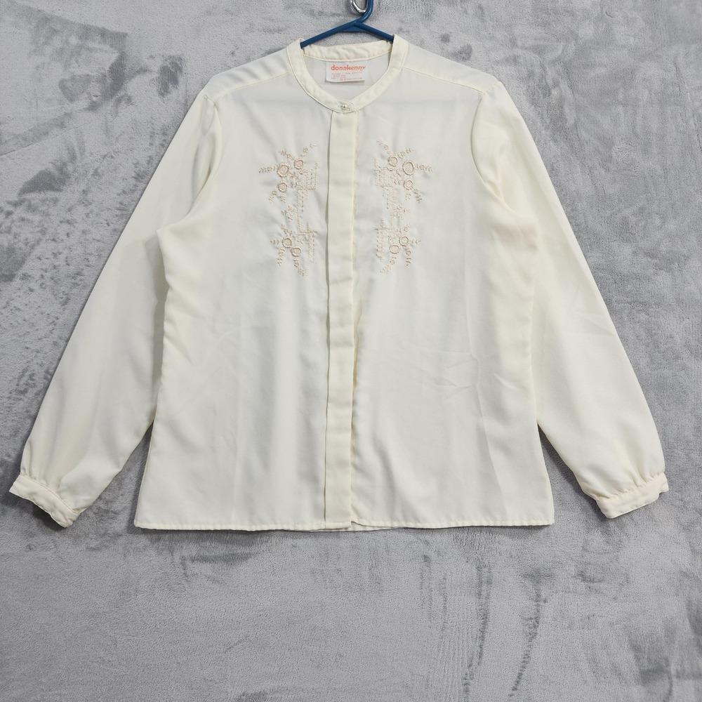 Vintage Donnkenny Shirt‎ Womens L Cream Embroidered Button Front Long Sleeves